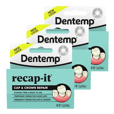 Dentemp Recap-It Cap And Crown Repair Dental Kit - Fast Acting Formula Dental Cement For Loose Caps (Pack Of 3) - Temporary Cement For Crown And Bridge