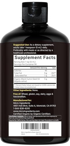 Micro Ingredients Black Seed Oil Organic Cold Pressed 16 Fl Oz Rich In Thymoquinone & Omega 3 6 9 Unrefined From Nigella Sativa Seeds Immune Hair & Skin Support Non-Gmo 3 Months Supply