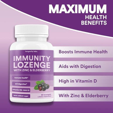 Immunity Lozenge W/Elderberry, Zinc & D3 Immune Support Supplement For Men, Women & Kids Non-Gmo, Gluten & Caffeine 60 Lozenges