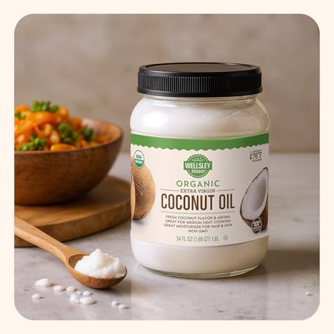 Wellsley Farms Organic Extra Virgin Coconut Oil - Unrefined, 100% Pure & Natural - Vegan, Non-GMO, Gluten-Free and Keto-Friendly Cooking Coconut Oil - Ideal for Skin Care & Hair Care - 54 oz (1 Pack)
