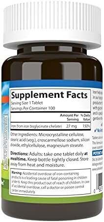 Carlson Chelated Iron 27 mg Superior Absorption Blood Health Energy Utilization and Optimal Wellness 100 Tablets