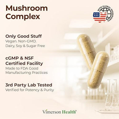 Mushroom 10x Complex with Lions Mane Extract Turkey Tail Cordyceps Reishi Shiitake Chaga & Maitake for Cognitive Support Vegan Mushroom Supplement Blend for Natural Energy & Focus 60 Capsules
