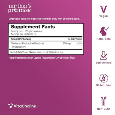 Mother'S Promise Prenatal Choline Supplements 550Mg | 120 Capsules | Supports Baby S Brain Development & Cognitive Function During Pregnancy & Nursing | Ultra Pure Natal Vitacholine Vegan Choline Bitartrate For Women