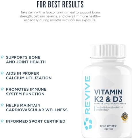 Revive Md Vitamin D3 & K2 - Supports Bone Health & Muscle Strength - K2 & D3 Vitamin Supplement For Women & Men Health & Brain Function