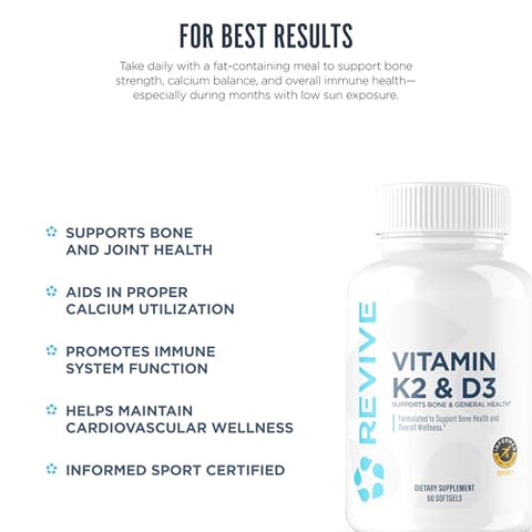 REVIVE MD Vitamin D3 and K2 Supports Bone Health and Muscle Strength K2 and D3 Vitamin Supplement for Women and Men Health and Brain Function