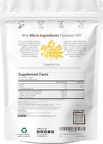 Micro Ingredients Flaxseed Oil 1400Mg 300 Liquid Softgels Flaxseed Oil Supplement With Omega 3 6 & 9 Fatty Acids Dha & Alpha Linolenic Acid (Ala) Fish Free Omega Source Non-Gmo