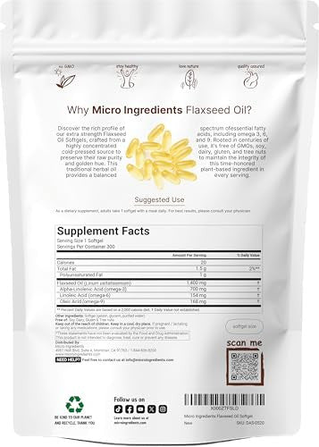 Micro Ingredients Flaxseed Oil 1400Mg 300 Liquid Softgels Flaxseed Oil Supplement With Omega 3 6 & 9 Fatty Acids Dha & Alpha Linolenic Acid (Ala) Fish Free Omega Source Non-Gmo