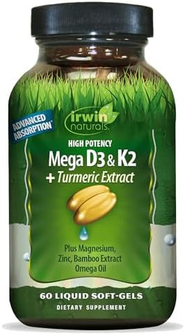 Irwin Naturals High Potency Mega D3 & K2 + Turmeric Extract 60 Liquid Softgels Healthy Bones & Immune Function