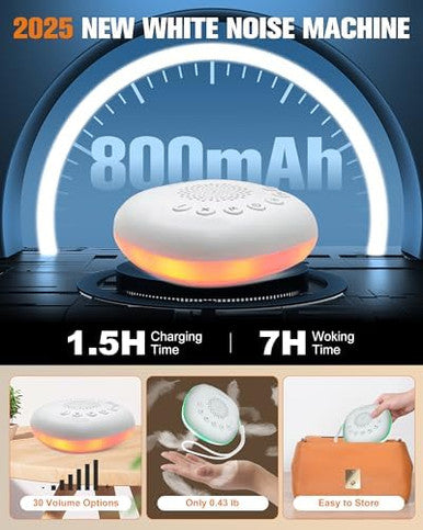 Focevn White Noise Sound Machine For Sleep - Portable Sound Machine 20 Soothing Sounds 9-Color Night Light 30 Volume Levels 4 Timer Options Type-C Charging Noise Machine For Baby Adult Home Office Travel