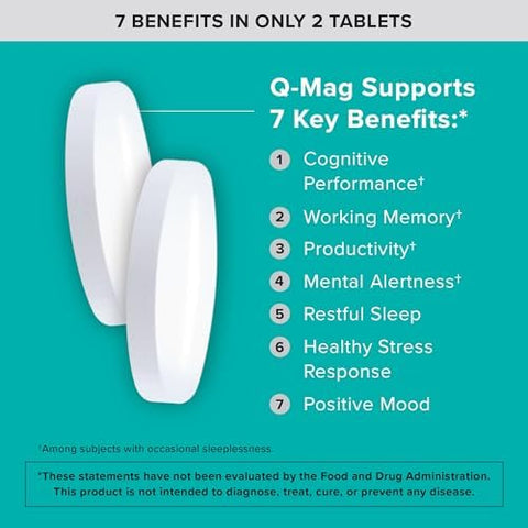 Qunol QMag Magnesium LThreonate Tablets 2000mg of Magtein to Help Support Cognitive Performance Improve Mental Alertness and Productivity Supports Restful Sleep High Absorption 60 Count