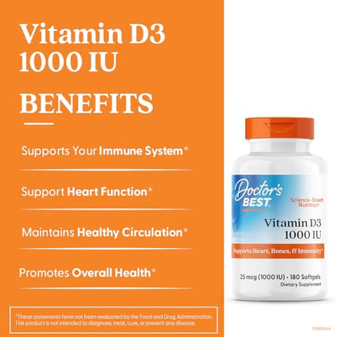Doctor'S Best Vitamin D3 1000 Iu Softgels For Men & Women - Vitamin D Supplement For Immune System & Heart Health Support 25 Mcg Per Serving Vit D 3 Non Gmo Gluten & Soy Free 180 Softgels