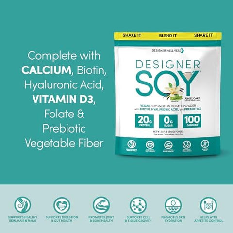Designer Wellness Soy Isolate Protein Powder With Biotin Hyaluronic Acid And Prebiotics Vegan 0 Sugar Nongmo Angel Cake Vanilla 1.87 Lb
