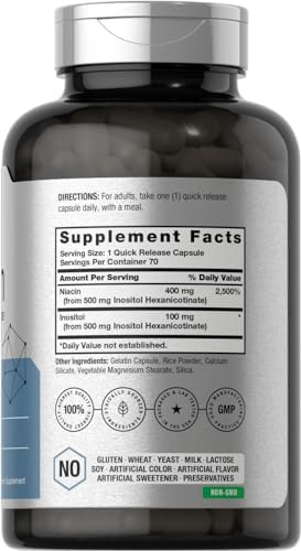 Horbaach Niacin 500mg Flush Free 70 Capsules Vitamin B3 Inositol Hexanicotinate NonGMO and Gluten Free