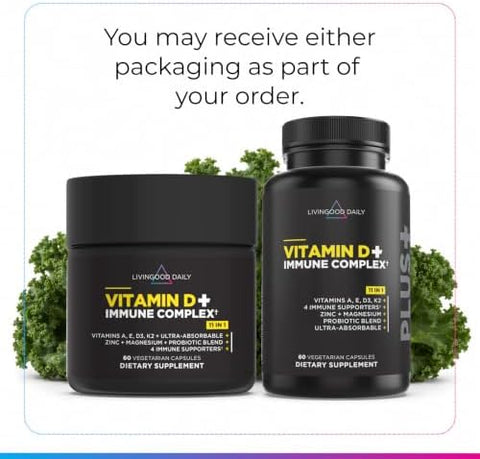 Livingood Daily Vitamin D3 K2 4000 IU Supplement 9in1 Dietary Supplement for Immune Support Made with Vitamins D A E K2 Zinc Magnesium and Probiotic Blend for Maximum Absorption 60 Capsules