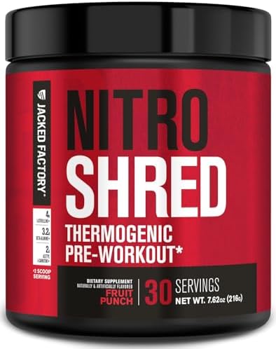 Jacked Factory Nitrosurge Shred Pre Workout Supplement Energy Booster Instant Strength Gains Sharp Focus Powerful Pumps Nitric Oxide Booster & Preworkout Powder 30Sv Fruit Punch