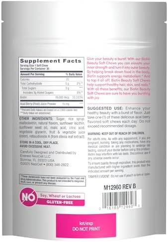 Neocell Biotin Beauty Soft Chews 30 Chewables 10000Mcg Hair Skin and Nails Acai Berry Flavor