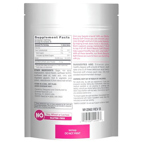 Neocell Biotin Beauty Soft Chews 30 Chewables 10000Mcg Hair Skin & Nails Acai Berry Flavor