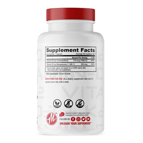 Metabolic Nutrition Vitamin D3 K2 Bone And Heart Health Formula Immune Support 90 Veggie Caps 7000Iu Per Capsule Max Dose