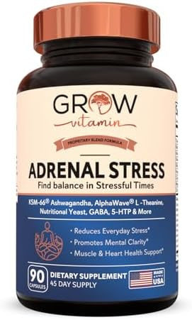 Grow Vitamin Adrenal Stress Advanced Formula, Organic Ksm-66 Ashwagandha With Alphawave L-Theanine, 5-Htp, Magnesium Blend - Everyday Stress Relief, Mood Support, Cognitive, Brain Health, 90 Capsules