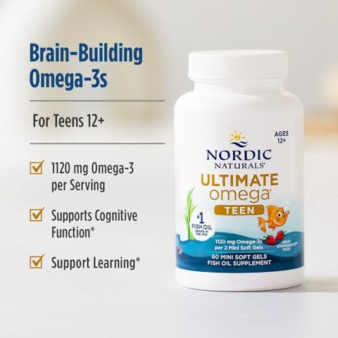 Nordic Naturals Ultimate Omega 2X Teen Strawberry - 60 Mini Soft Gels - 1120 Mg Total Omega-3S With Epa & Dha - Brain Health Positive Mood Social Development Learning - Non-Gmo 30 Servings