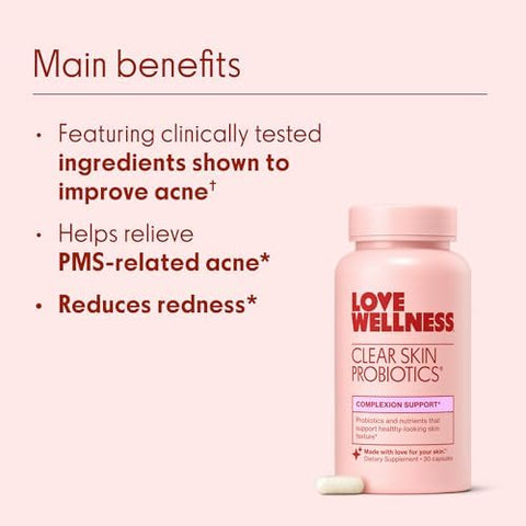 Love Wellness Clear Skin Probiotic Clear Up Hormonal Acne Pimples Redness & Pore Minimizer Skin Care With Zinc Bifidobacterium Longum & Chaste Tree Fruit Extract Acne Treatment 30 Count