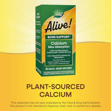 Nature'S Way Alive Calcium Max Absorption, Bone Support, Plant Source Calcium, Vitamin D3 & K2, Magnesium, 120 Tablets (Packaging May Vary)