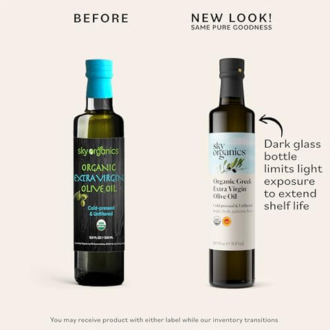 Sky Organics - Organic Extra Virgin Olive Oil, 16.9 fl oz - Cold Pressed & Unfiltered - Bright, Fresh, Authentic Flavor - Sourced from Farmers in Greece - 100% Pure - Kosher - Natural, Vegan, & Soy Free