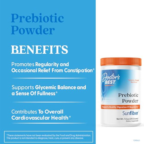 Doctor'S Best Prebiotic Powder Supplement With Sunfiber Guar Fiber - Digestive Health & Nutrition Support For Women & Men Unflavored Easy Dissolve Gluten Free Non Gmo Vegan 7.4 Oz