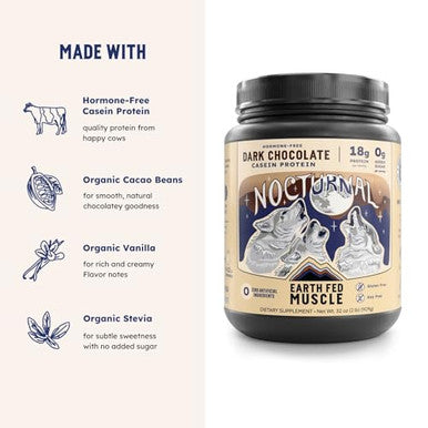 Earth Fed Muscle Nocturnal Casein Protein Powder Dark Chocolate Protein Powder With Whey Blend 18G Protein Sugar Free Gluten Free Nighttime Recovery Protein Poweder 2Lb 23 Servings