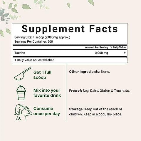 Micro Ingredients Taurine Powder Supplement 1 Kg 2000Mg Per Serving Unflavored 100 Pure Easily Absorbed Free Form Essential Amino Acids For Exercise Energy & Heart Support