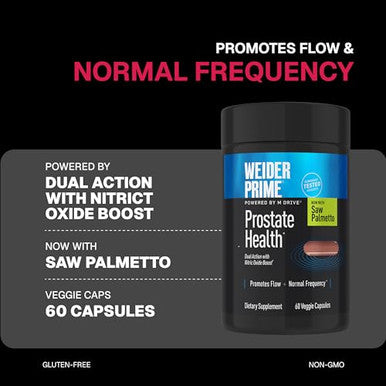 Weider Prime Prostate Health - Dual Action With Nitric Oxide Boost - Plant-Based Support For Prostate & Urinary Health - Men S Wellness Formula With Flowens - Gluten-Free & Non-Gmo 60 Capsules
