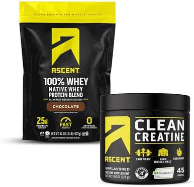 Ascent 100% Whey Protein Powder, Chocolate 2 Lb & Creatine Monohydrate Powder, Unflavored 45 Servings