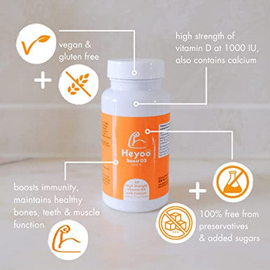 Heyoo Boost D3 1000iu - 60 High Strength Vitamin D3 Tablets with Calcium - Boosts Immunity, Maintains Healthy Bones, Teeth & Muscle Function - Vegan