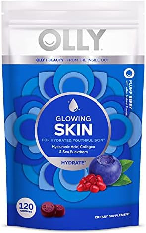 Olly Glowing Skin Collagen Gummy Hydrated Youthful Skin Hyaluronic Acid Sea Buckthorn Chewable Supplement Berry 60 Day Supply 120 Count Pouch (Pack Of 6)