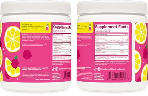 Wellah Creatine For Women (50 Servings) Raspberry Lemonade - 3G Of Creatine Monohydrate Powder With Dandelion & Cranberry Extract