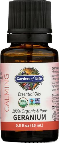 Garden Of Life Essential Oil Geranium 0.5 Fl Oz (15 Ml) 100 Usda Organic & Pure Clean Undiluted & Non-Gmo For Diffuser Aromatherapy Meditation - Balance Relaxation Calming Floral Aromatic