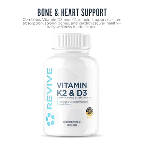 REVIVE MD Vitamin D3 and K2 Supports Bone Health and Muscle Strength K2 and D3 Vitamin Supplement for Women and Men Health and Brain Function