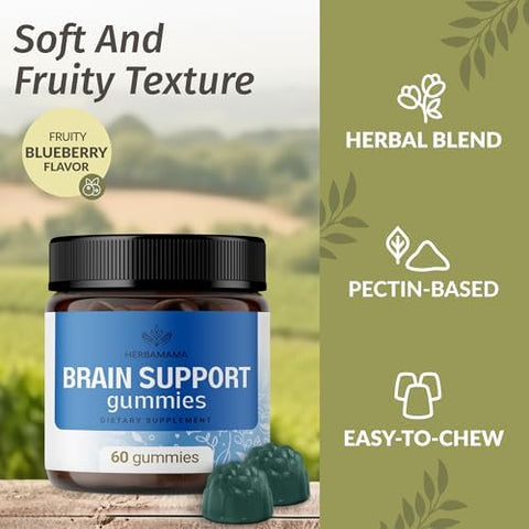 Herbamama Brain Support Gummies â€“ Brain Focus Supplements For Adults With Ashwagandha Bacopa Monnieri Vitamin C & B12 â€“ Vegan Non-Gmo Calming Gummies â€“ 60 Pectin-Based Blueberry-Flavored Chews