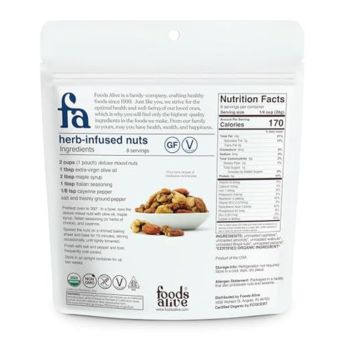 Foods Alive Organic Deluxe Mixed Nuts, 8oz, Kosher Blend of Premium Organic Cashews, Almonds, Walnuts, Pecans, Brazil Nuts
