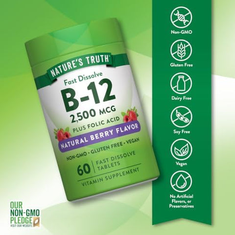 Nature's Truth B12 Vitamin 60 Fast Dissolve Tablets 2500 mcg with Folic Acid Vegan NonGMO and Gluten Free with Folic Acid Vegan NonGMO and Gluten Free
