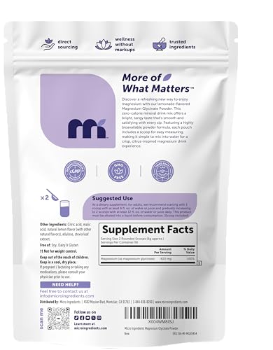 Micro Ingredients Magnesium Powder 420Mg Per Serving 12Oz (56 Servings) Sugar Free Lemonade Flavor Magnesium Glycinate Powder Supplement With Elemental Form Chelated Minerals Non-Gmo Vegan