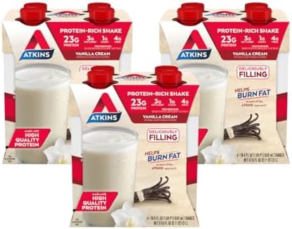 Atkins Vanilla Cream Meal Size Protein Shake 23G Protein & Strawberry Protein Shake 15G Protein Low Glycemic 2G Net Carb 1G Sugar Keto Friendly 12 Count