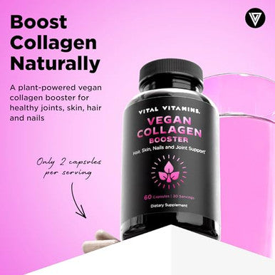 Vital Vitamins Vegan Collagen Booster Plant Based Collagen Supplements Supports Hair Skin Nails and Joints with Hyaluronic Acid 60 Capsules