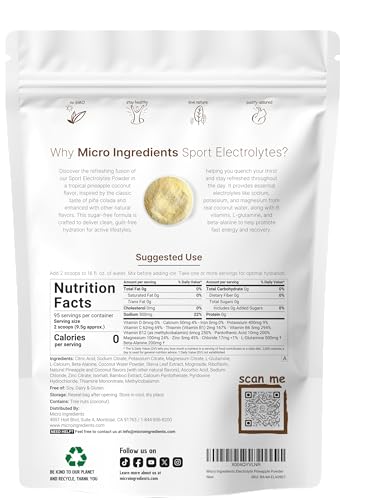 Micro Ingredients Electrolytes Powder 2 Lbs 95 Servings Sugar Free Workout Hydration Potassium Sodium L-Glutamine Beta-Alanine & More Natural Coconut Water Pineapple Pi A Colada Flavor