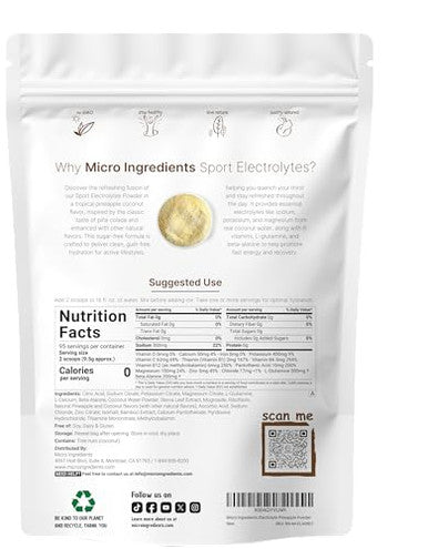 Micro Ingredients Electrolytes Powder 2 Lbs 95 Servings Sugar Free Workout Hydration Potassium Sodium L-Glutamine Beta-Alanine & More Natural Coconut Water Pineapple Pi A Colada Flavor