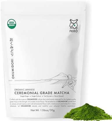 FKRO Organic Okumidori Ceremonial Grade Matcha Green Tea Powder | Award-Winning Family Farm Direct from Japan Single Cultivar 1st Harvest Stone-Ground Air-Flown Monthly 30g Pouch