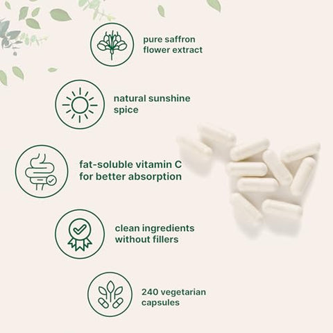 Micro Ingredients Pure Saffron Extract 240 Veggie Capsules 2-In-1 Formula With High Absorption Fat-Soluble Vitamin C Mood Vision & Heart Support Filler Free