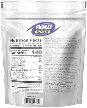 Now Foods Sports Organic Plant Protein Vanilla Flavor Vegan Powder 1 Lb.