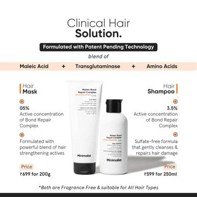 Minimalist Hair Mask For Damaged Hair Frizzy Hair Split Ends & Breakage Control | Maleic Bond Repair Complex 5% | Transglutaminase Amino Acids & Ceramides | For Women & Men | 7.05 Oz/200 Gm