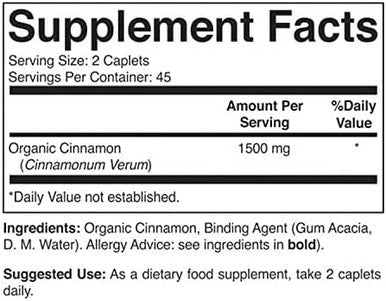 Brieofood Organic Cinnamon 1500Mg, 45 Servings, Vegetarian, Gluten , 90 Vegetarian Tablets